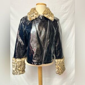 Black Faux Leather Jacket with Leopard Faux Fur Trim